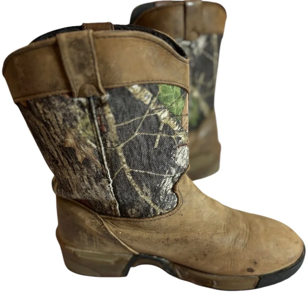 Rocky Kids Leather Western Camouflage 6” Outdoor Brown Slip On Boots Size 4M